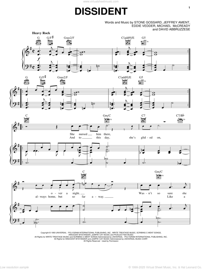 Dissident sheet music for voice, piano or guitar by Pearl Jam, David Abbruzzese, Eddie Vedder, Jeffrey Ament, Michael McCready and Stone Gossard, intermediate skill level