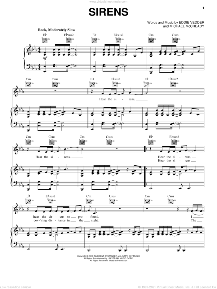 Sirens sheet music for voice, piano or guitar by Pearl Jam, Eddie Vedder and Michael McCready, intermediate skill level