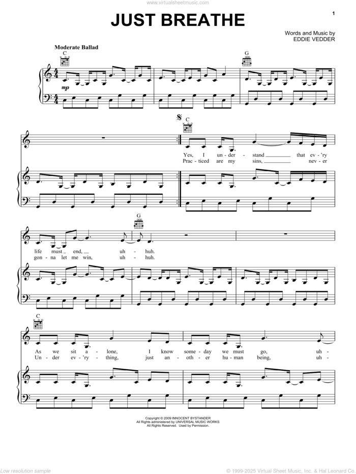 Just Breathe sheet music for voice, piano or guitar by Pearl Jam and Eddie Vedder, intermediate skill level