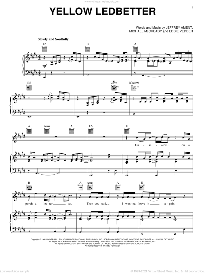 Yellow Ledbetter sheet music for voice, piano or guitar by Pearl Jam, Eddie Vedder, Jeffrey Ament and Michael McCready, intermediate skill level
