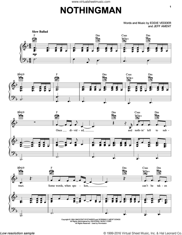 Nothingman sheet music for voice, piano or guitar by Pearl Jam, Eddie Vedder and Jeff Ament, intermediate skill level