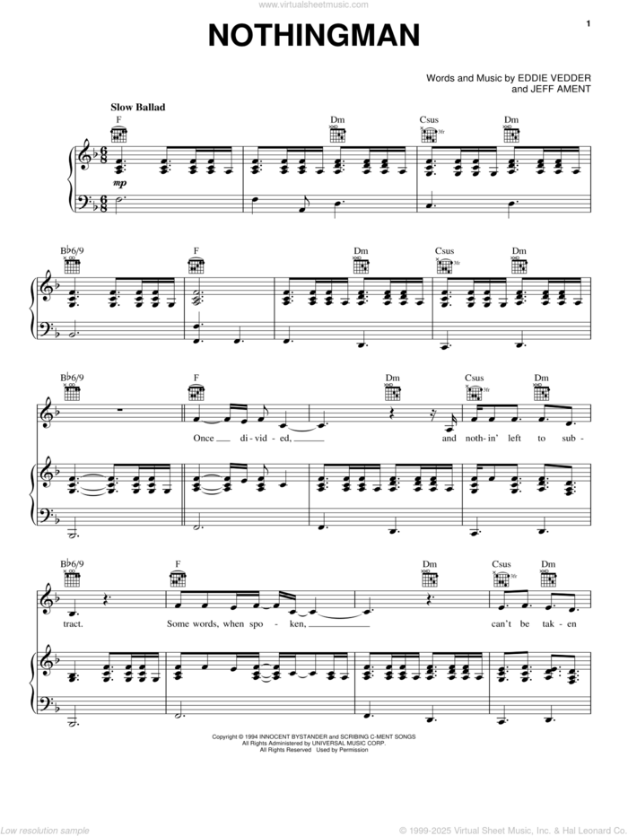 Nothingman sheet music for voice, piano or guitar by Pearl Jam, Eddie Vedder and Jeff Ament, intermediate skill level