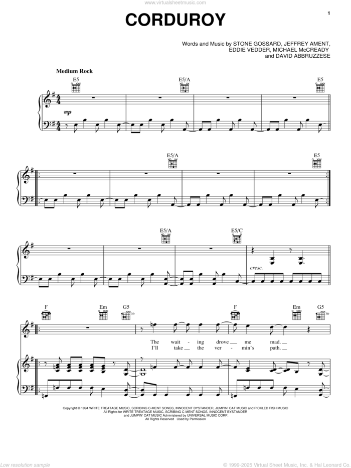 Corduroy sheet music for voice, piano or guitar by Pearl Jam, David Abbruzzese, Eddie Vedder, Jeff Ament, Michael McCready and Stone Gossard, intermediate skill level