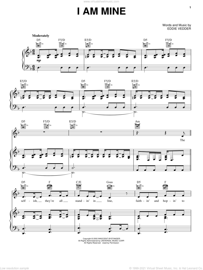 I Am Mine sheet music for voice, piano or guitar by Pearl Jam and Eddie Vedder, intermediate skill level