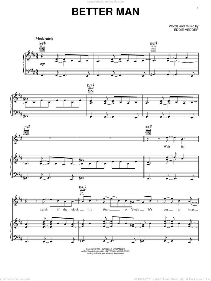 Better Man sheet music for voice, piano or guitar by Pearl Jam and Eddie Vedder, intermediate skill level