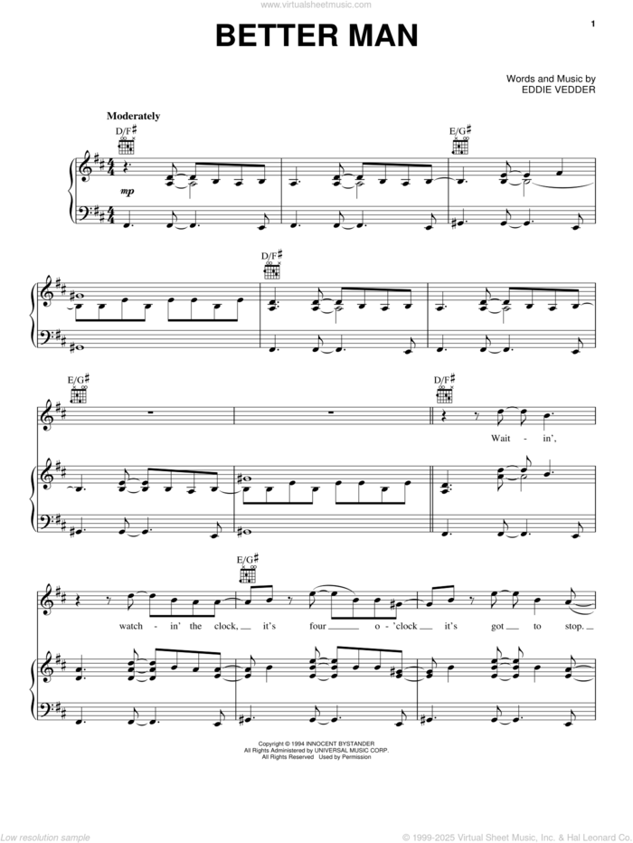 Better Man sheet music for voice, piano or guitar by Pearl Jam and Eddie Vedder, intermediate skill level