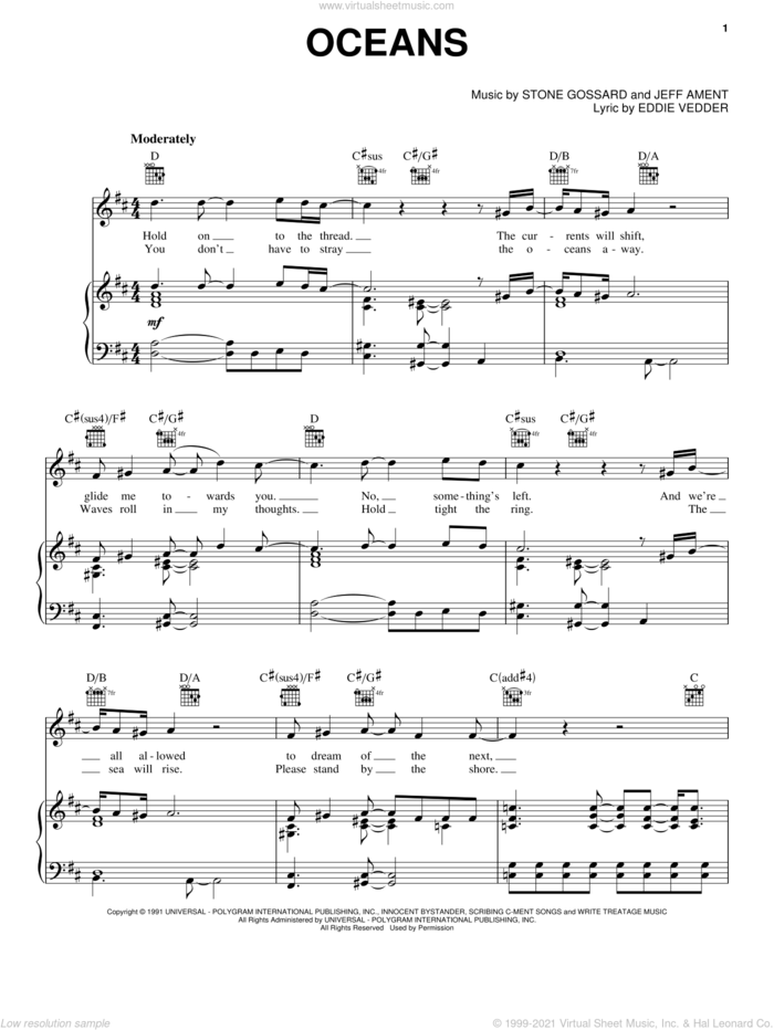 Oceans sheet music for voice, piano or guitar by Pearl Jam, Eddie Vedder, Jeff Ament and Stone Gossard, intermediate skill level