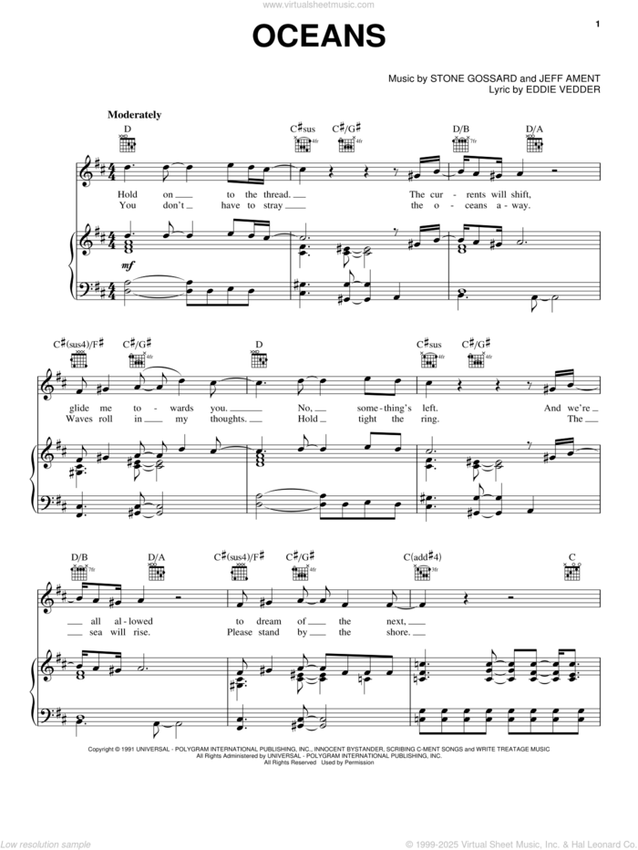 Oceans sheet music for voice, piano or guitar by Pearl Jam, Eddie Vedder, Jeff Ament and Stone Gossard, intermediate skill level