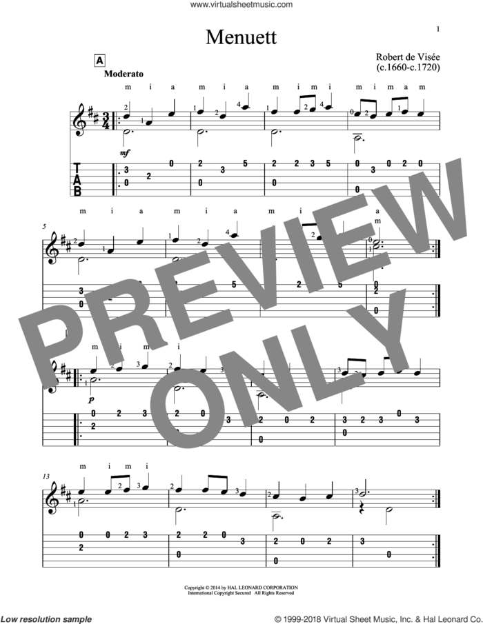 Menuett sheet music for guitar solo by Robert de Visee and John Hill, classical score, intermediate skill level