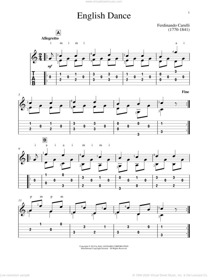 English Dance sheet music for guitar solo by Ferdinando Carulli and John Hill, classical score, intermediate skill level