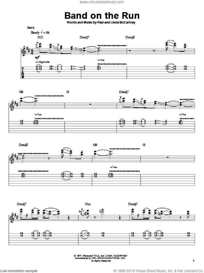 Band On The Run sheet music for guitar (tablature, play-along) by Paul McCartney, Paul McCartney and Wings and Linda McCartney, intermediate skill level