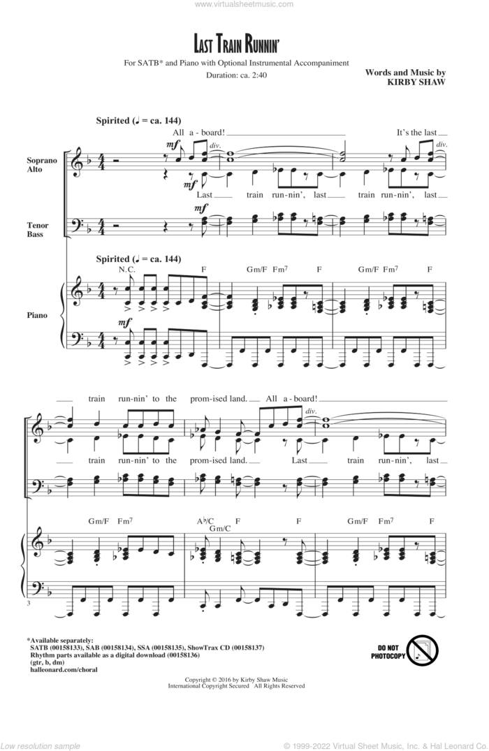 Last Train Runnin' sheet music for choir (SATB: soprano, alto, tenor, bass) by Kirby Shaw, intermediate skill level
