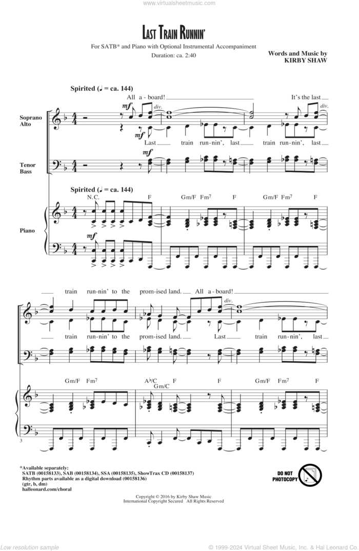 Last Train Runnin' sheet music for choir (SATB: soprano, alto, tenor, bass) by Kirby Shaw, intermediate skill level