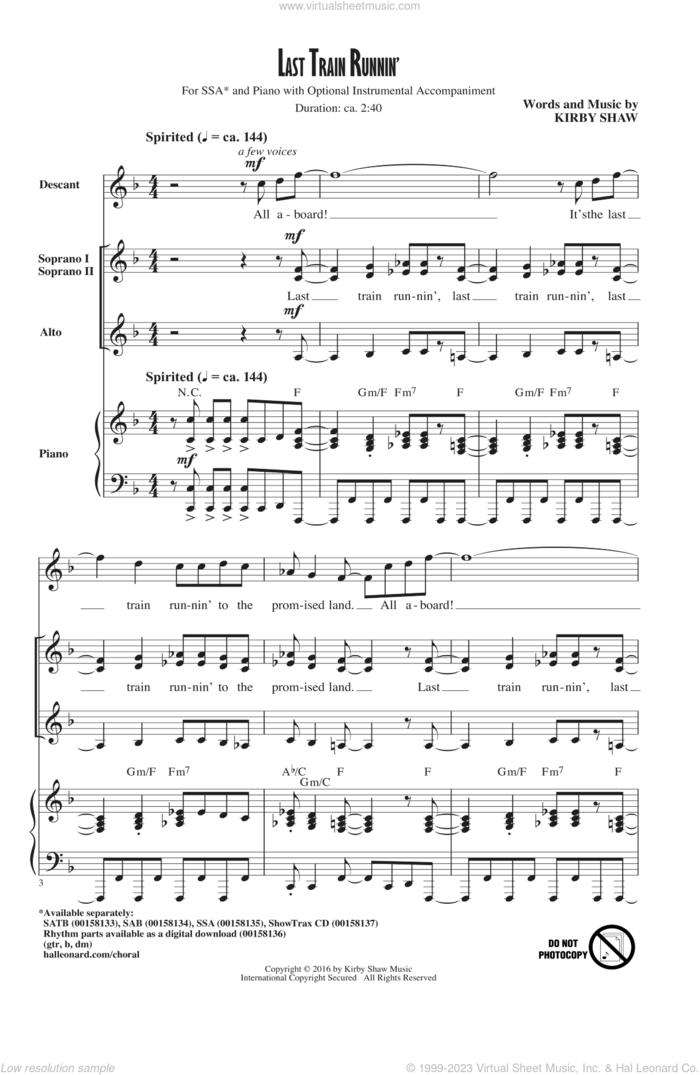Last Train Runnin' sheet music for choir (SSA: soprano, alto) by Kirby Shaw, intermediate skill level