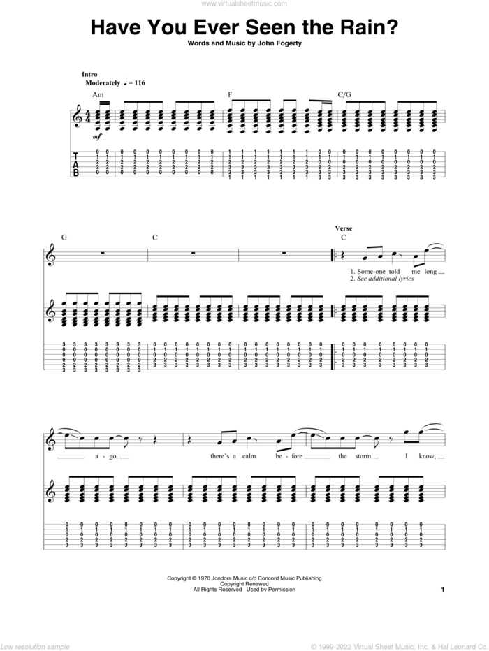 Have You Ever Seen The Rain? sheet music for guitar (tablature, play-along) by Creedence Clearwater Revival and John Fogerty, intermediate skill level