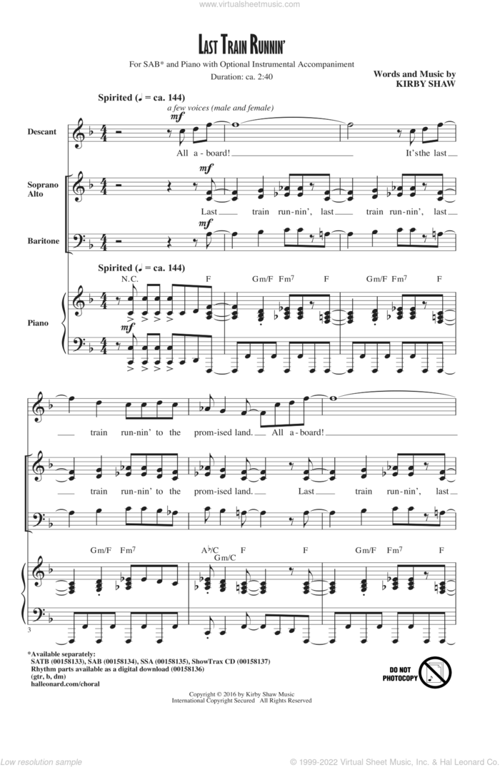Last Train Runnin' sheet music for choir (SAB: soprano, alto, bass) by Kirby Shaw, intermediate skill level