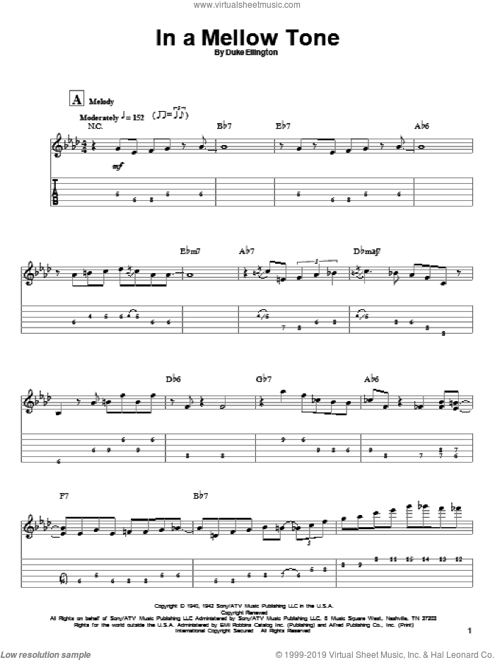 In A Mellow Tone sheet music for guitar (tablature, play-along) by Joe Pass, Duke Ellington and Milt Gabler, intermediate skill level