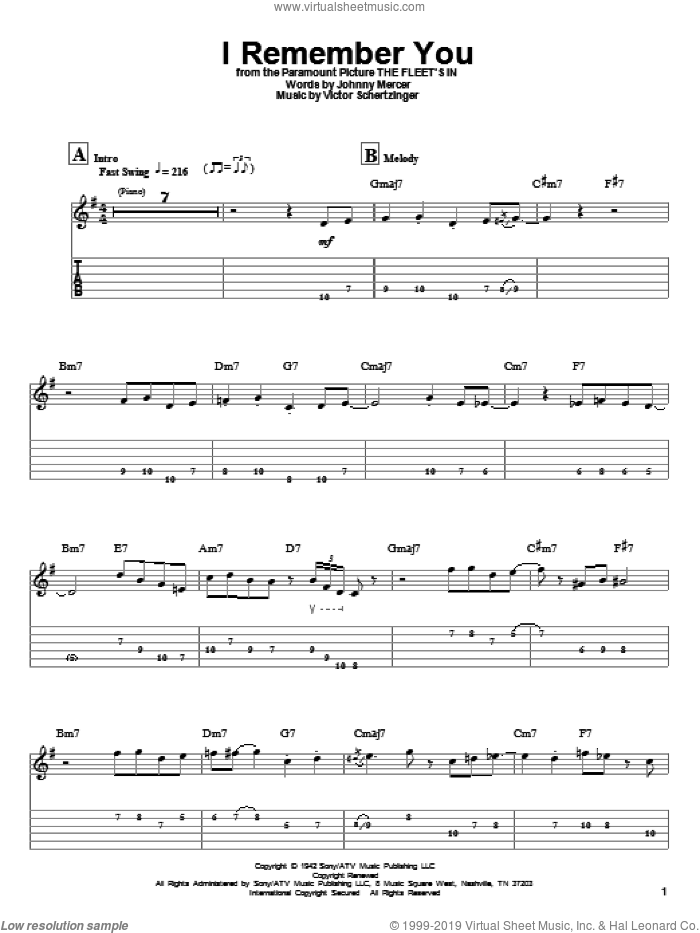 I Remember You sheet music for guitar (tablature, play-along) by Tal Farlow, Jo Stafford, Johnny Mercer and Victor Schertzinger, intermediate skill level