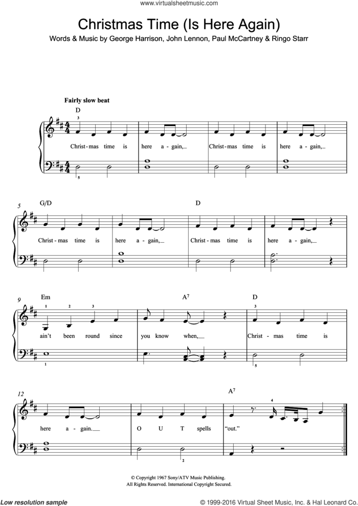 Christmas Time (Is Here Again), (easy) sheet music for piano solo by The Beatles, George Harrison, John Lennon, Paul McCartney and Ringo Starr, easy skill level