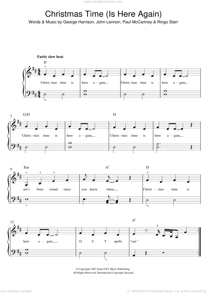 Christmas Time (Is Here Again), (easy) sheet music for piano solo by The Beatles, George Harrison, John Lennon, Paul McCartney and Ringo Starr, easy skill level