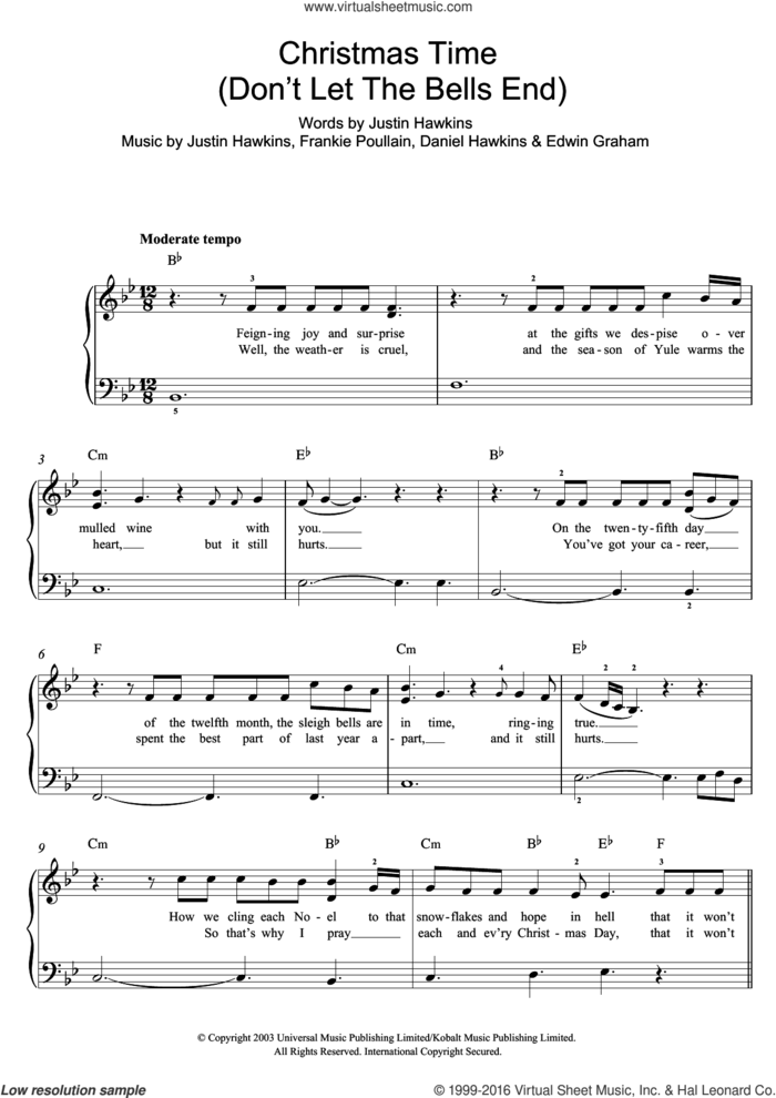 Christmas Time (Don't Let The Bells End) sheet music for piano solo by The Darkness, Daniel Hawkins, Edwin Graham, Frankie Poullain and Justin Hawkins, easy skill level