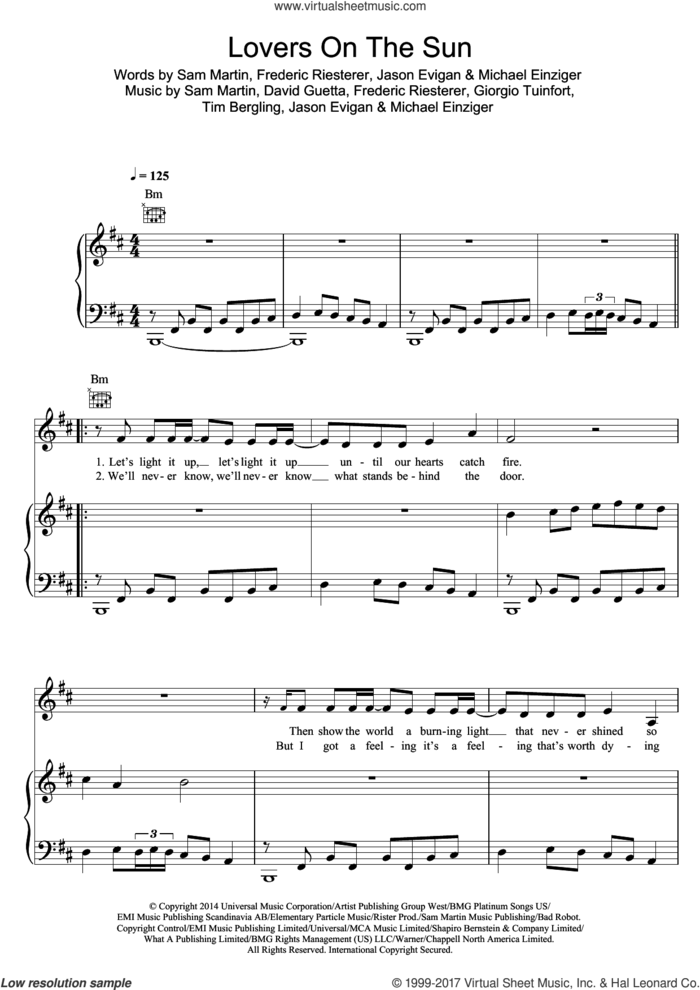 Lovers On The Sun (featuring Sam Martin) sheet music for voice, piano or guitar by David Guetta, Frederic Riesterer, Giorgio Tuinfort, Jason Evigan, Michael Einziger, Sam Martin and Tim Bergling, intermediate skill level