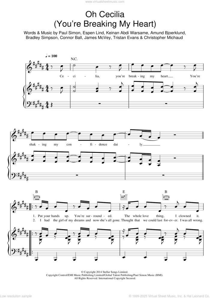 Oh Cecilia (Breaking My Heart) sheet music for voice, piano or guitar by The Vamps, Amund Bjoerklund, Bradley Simpson, Christopher Michaud, Connor Ball, Espen Lind, James McVey, Keinan Abdi Warsame, Paul Simon and Tristan Evans, intermediate skill level