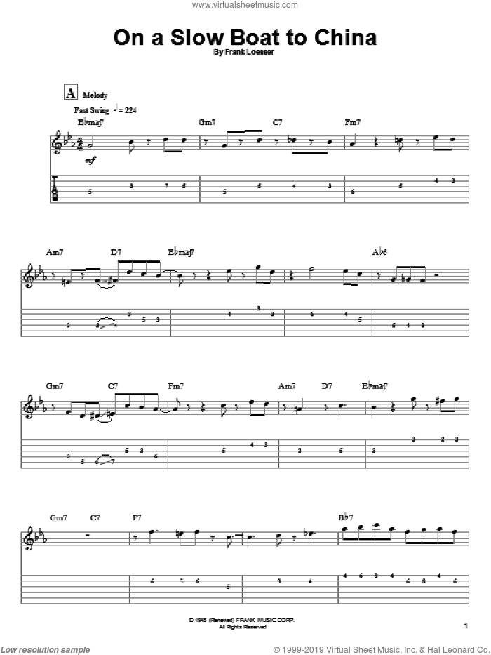 On A Slow Boat To China sheet music for guitar (tablature, play-along) by Barney Kessel and Frank Loesser, intermediate skill level