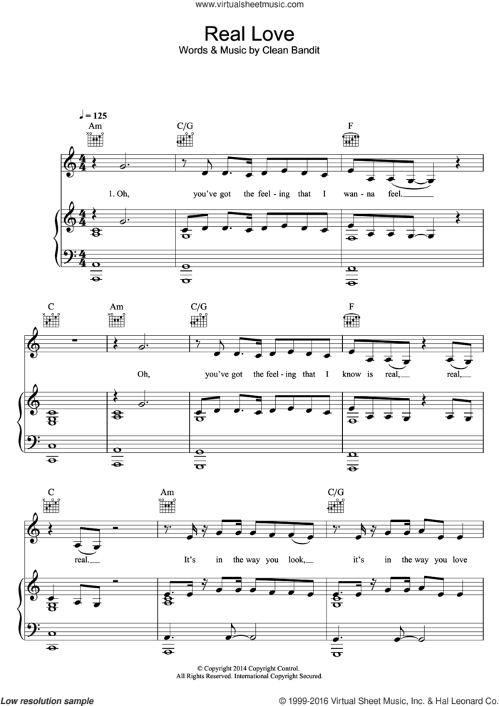 Real Love (feat. Jess Glynne) sheet music for voice, piano or guitar by Jess Glynne, Clean Bandit, Clean Banditt & Jess Glynne, Cleo Tighe, Richard Boardman, Robert Harvey and Sarah Blanchard, intermediate skill level