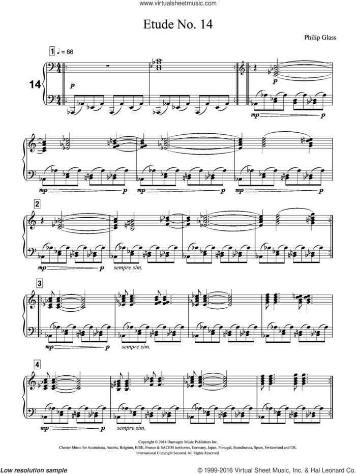 Etude No. 14 sheet music for piano solo by Philip Glass, classical score, intermediate skill level