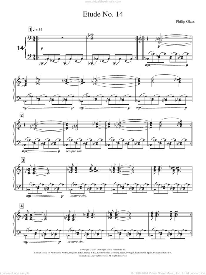 Etude No. 14 sheet music for piano solo by Philip Glass, classical score, intermediate skill level