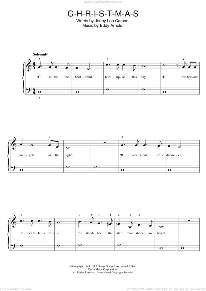 C-H-R-I-S-T-M-A-S sheet music for piano solo by Perry Como, Eddy Arnold and Jenny Lou Carson, easy skill level
