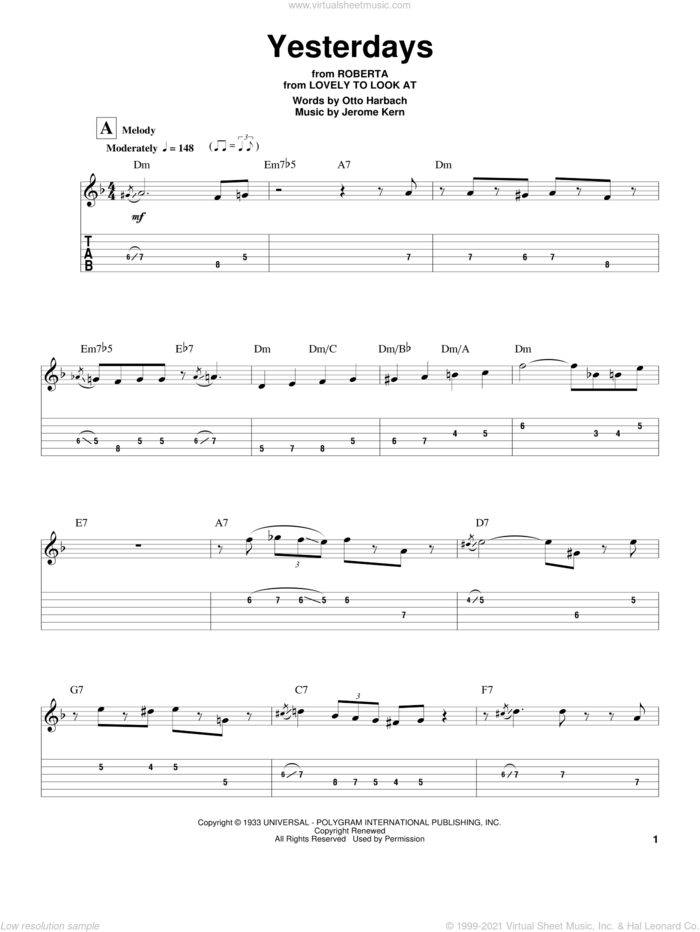 Yesterdays sheet music for guitar (tablature, play-along) by Wes Montgomery, Jerome Kern and Otto Harbach, intermediate skill level