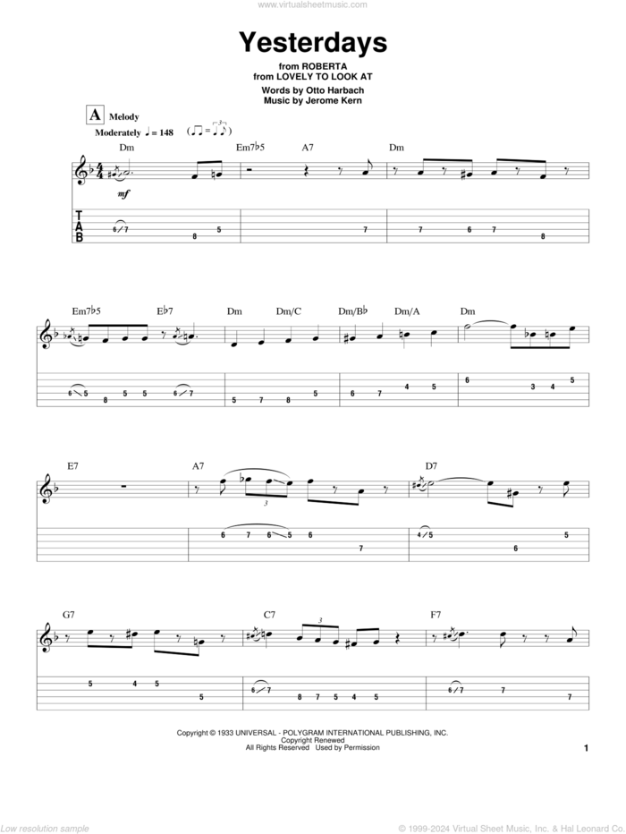 Yesterdays sheet music for guitar (tablature, play-along) by Wes Montgomery, Jerome Kern and Otto Harbach, intermediate skill level