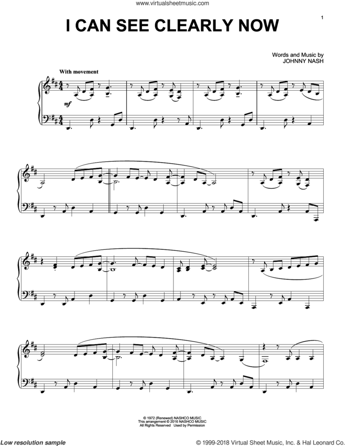 I Can See Clearly Now, (intermediate) sheet music for piano solo by Jimmy Cliff and Johnny Nash, intermediate skill level