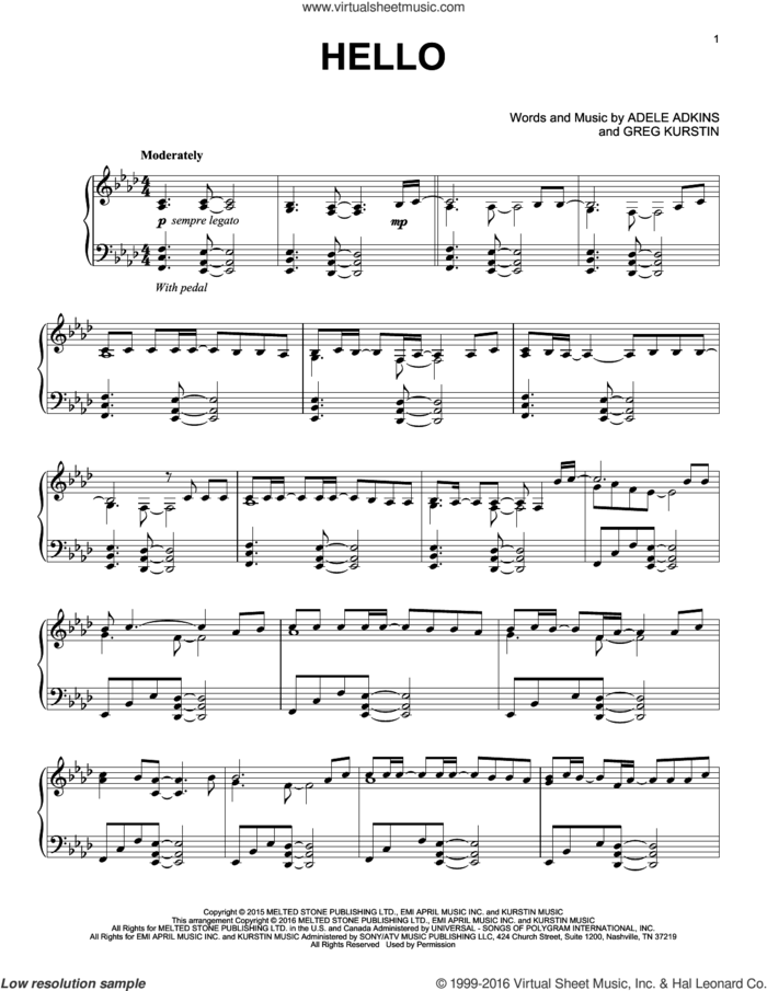 Hello, (intermediate) sheet music for piano solo by Adele, Adele Adkins and Greg Kurstin, intermediate skill level