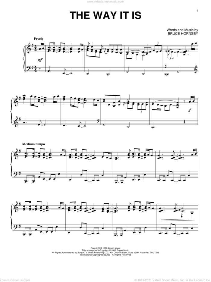 The Way It Is, (intermediate) sheet music for piano solo by Bruce Hornsby & The Range and Bruce Hornsby, intermediate skill level