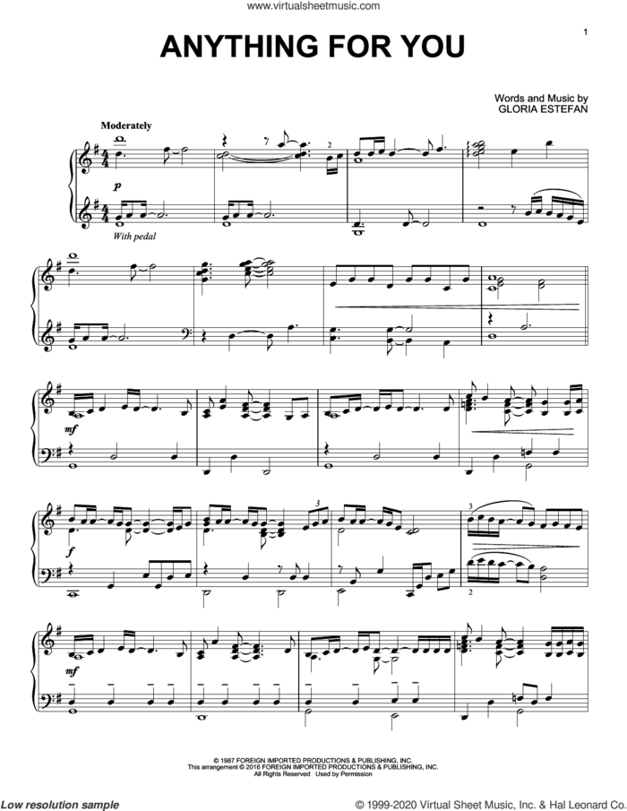 Anything For You sheet music for piano solo by Gloria Estefan, intermediate skill level
