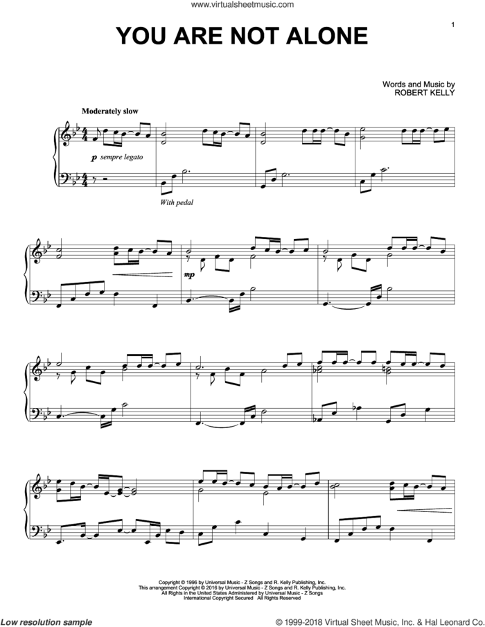 You Are Not Alone, (intermediate) sheet music for piano solo by Michael Jackson and Robert Kelly, intermediate skill level