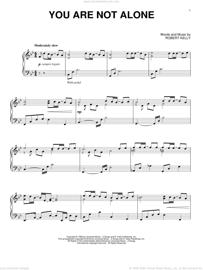 You Are Not Alone, (intermediate) sheet music for piano solo by Michael Jackson and Robert Kelly, intermediate skill level