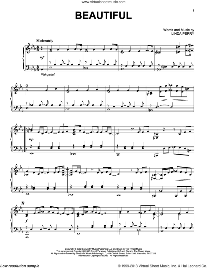 Beautiful sheet music for piano solo by Christina Aguilera & Beverly McClellan, Christina Aguilera and Linda Perry, intermediate skill level