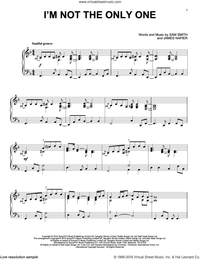 I'm Not The Only One sheet music for piano solo by Sam Smith and James Napier, intermediate skill level