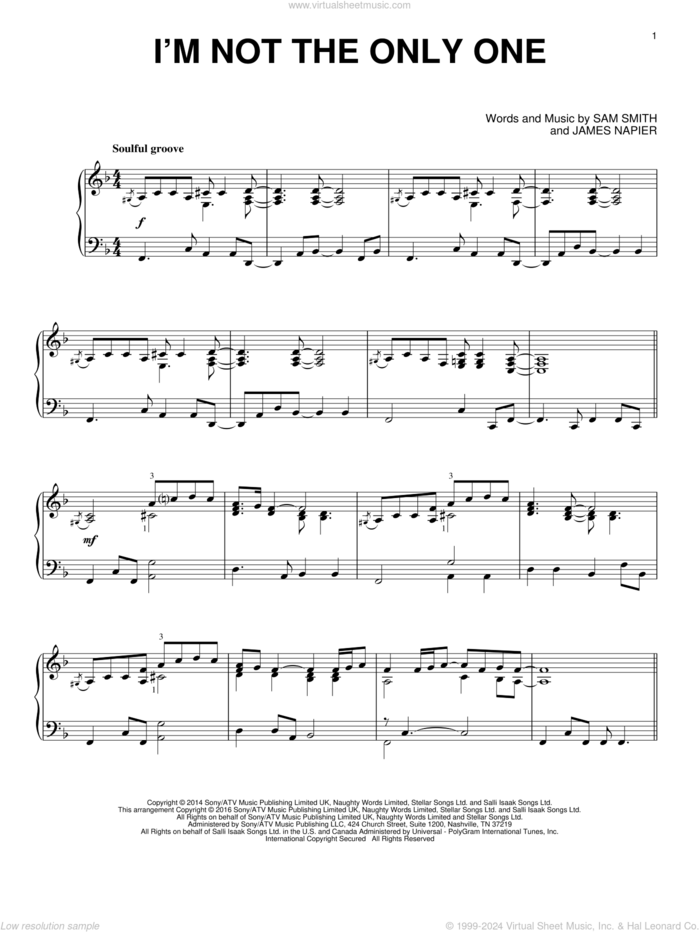 I'm Not The Only One sheet music for piano solo by Sam Smith and James Napier, intermediate skill level