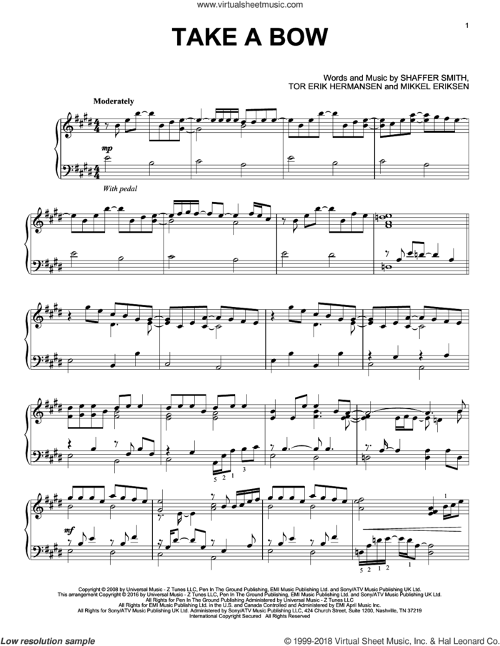 Take A Bow sheet music for piano solo by Rihanna, Mikkel Eriksen, Shaffer Smith and Tor Erik Hermansen, intermediate skill level