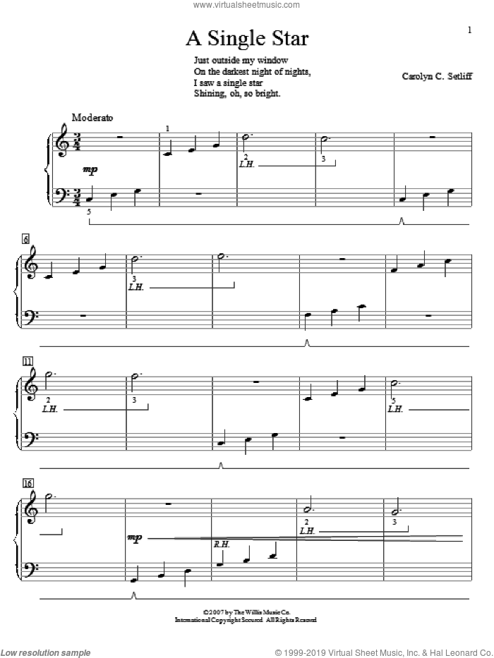 A Single Star sheet music for piano solo (elementary) by Carolyn C. Setliff, beginner piano (elementary)