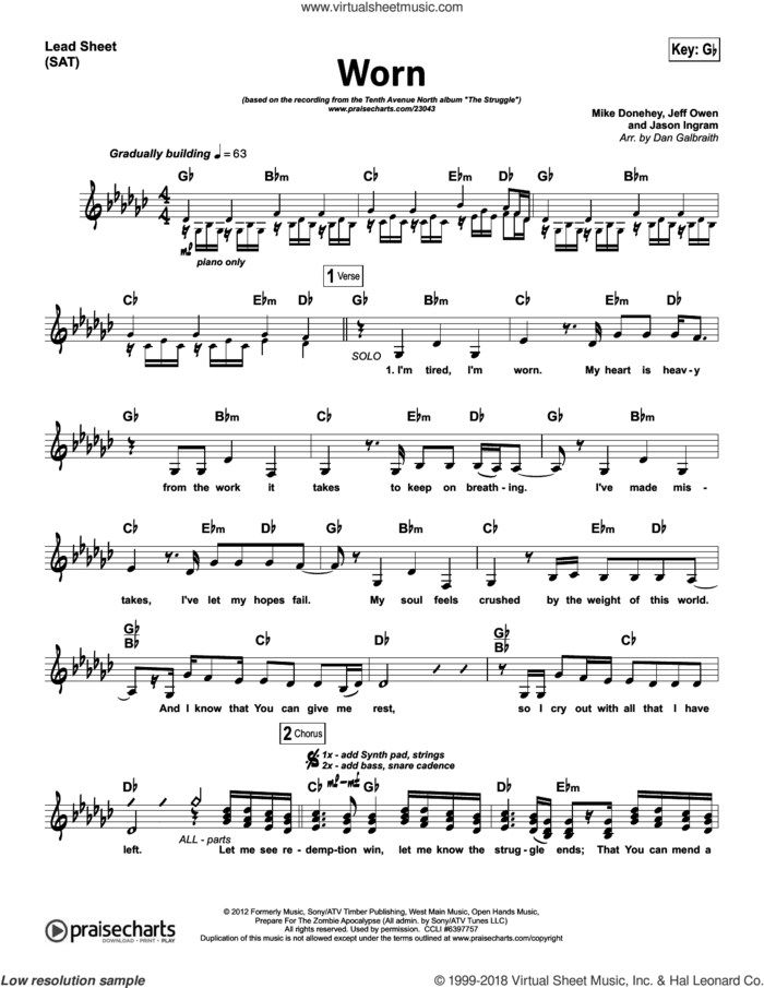 Worn sheet music for concert band (orchestration) by Dan Galbraith and Jason Ingram, intermediate skill level