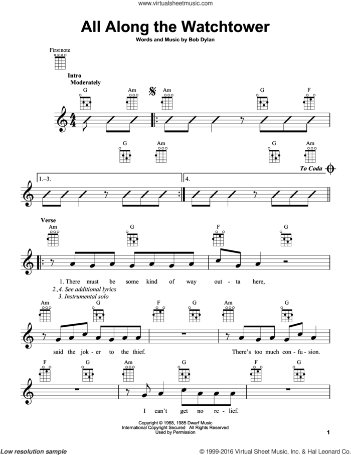 All Along The Watchtower sheet music for ukulele by Jimi Hendrix and Bob Dylan, intermediate skill level