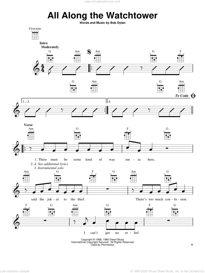 All Along The Watchtower sheet music for ukulele by Jimi Hendrix and Bob Dylan, intermediate skill level