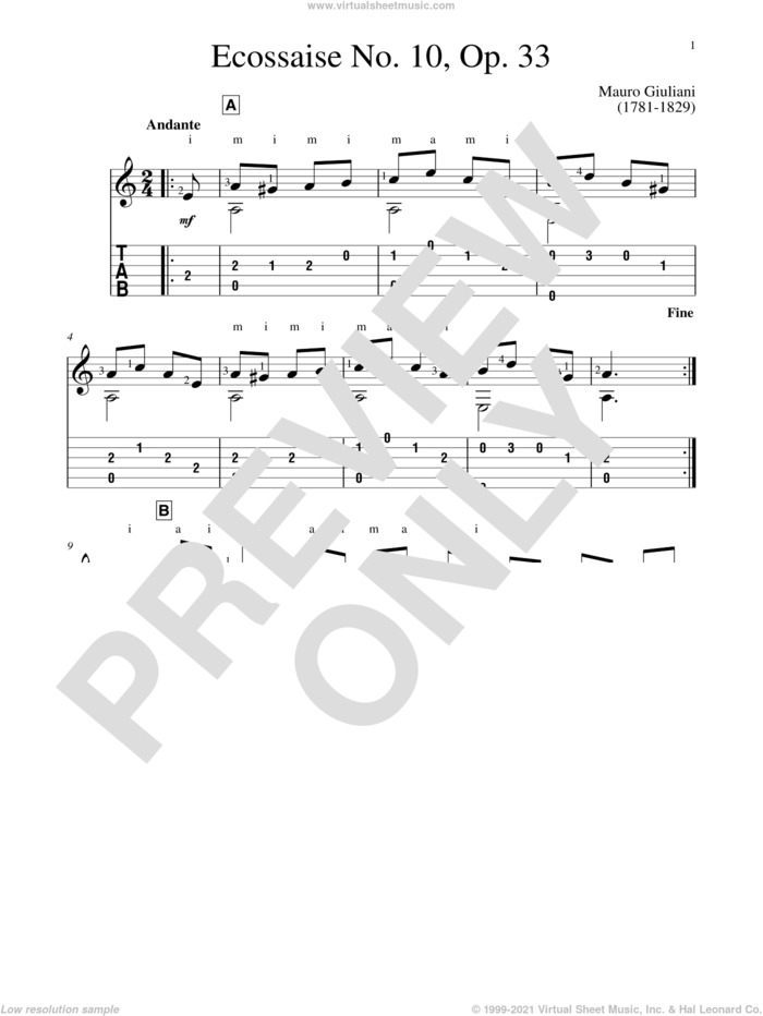 Ecossaise No. 10, Op. 33 sheet music for guitar solo by Mauro Giuliani and John Hill, classical score, intermediate skill level