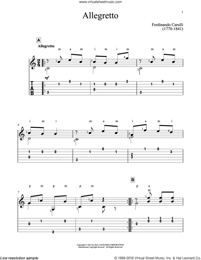 Allegretto sheet music for guitar solo by Ferdinando Carulli and John Hill, classical score, intermediate skill level